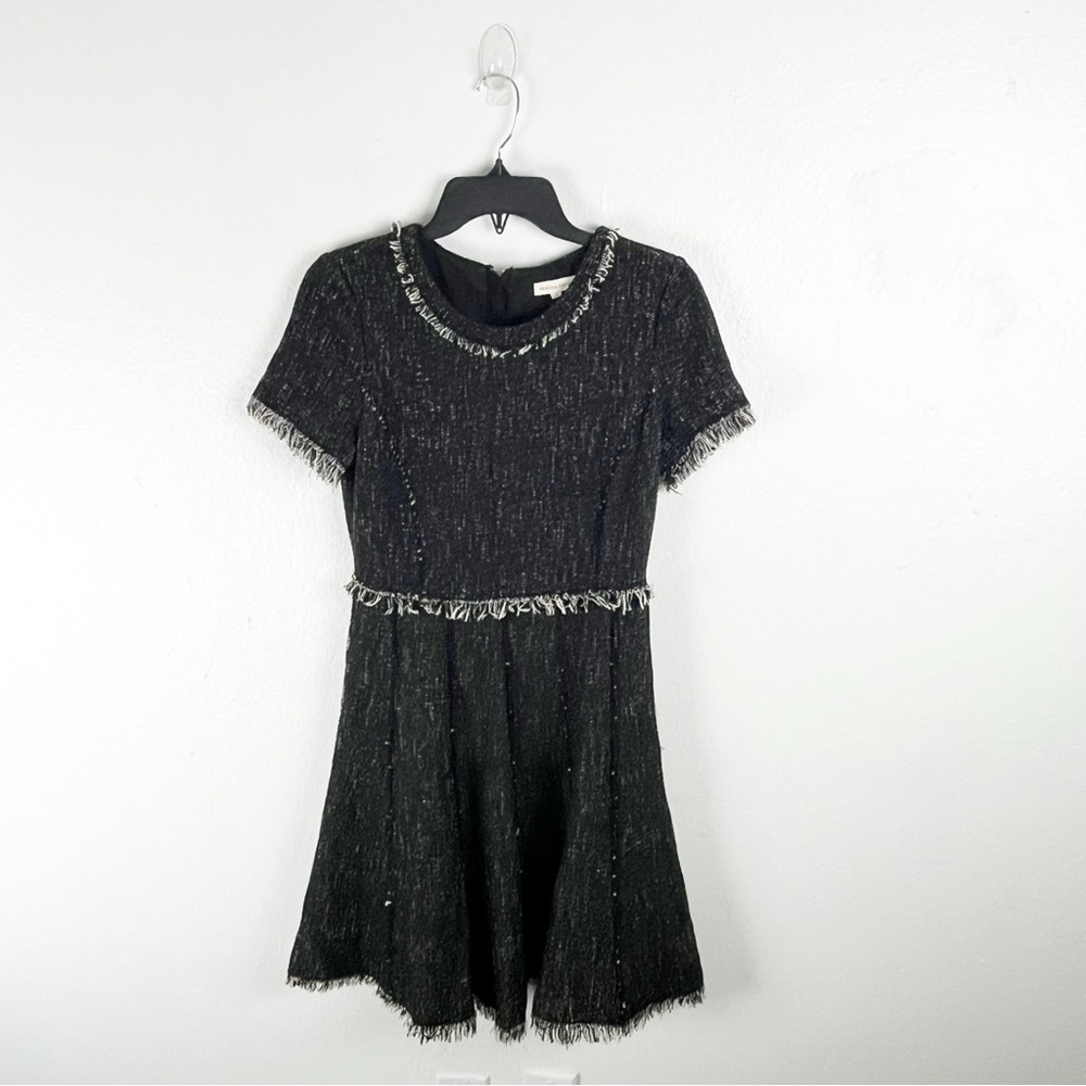 REBECCA TAYLOR Tweed Fringe Trim Short Sleeves Hidden Back Zipper Lined Dress 2